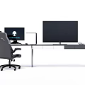 Modern Functional Desk With Dual Monitors Keyboard Mouse Desk Lamp Office Chair And Coffee Cup
