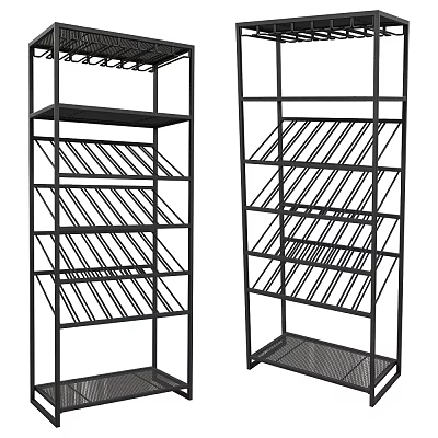 Black Metal Wine Rack Featuring Multi tier Slanted Shelves And Open Structure 3d model