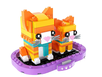 Building Blocks Cat Figures Orange Yellow White on Purple Base with Paw Prints 3d model