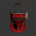 Red Mechanical Helmet With Antenna And Metal Straps On White Background