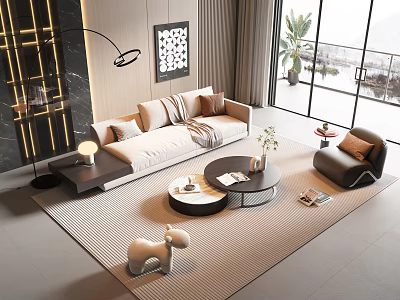 Modern Sofa and Coffee Table Set with Beige Cushions Round Table and Decorative Rug 3d model