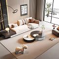 Modern Sofa and Coffee Table Set with Beige Cushions Round Table and Decorative Rug 3d model