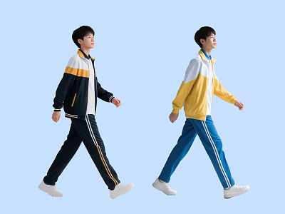 Two Teenagers In School Uniforms Walking On Light Blue Background 3d model