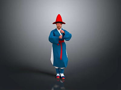 Man Wearing Blue Traditional Costume With Red Hat Standing On Gray Background 3d model