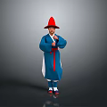 Man Wearing Blue Traditional Costume With Red Hat Standing On Gray Background
