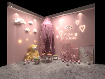 Pink Studio Interior With Cloud Decor Heart Shapes Teddy Bear And Small Furniture 3d model