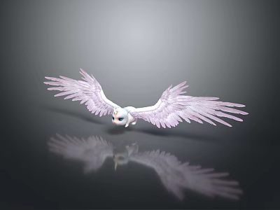 Cute White Small Creature With Purple Spread Wings On Dark Background With Reflection 3d model