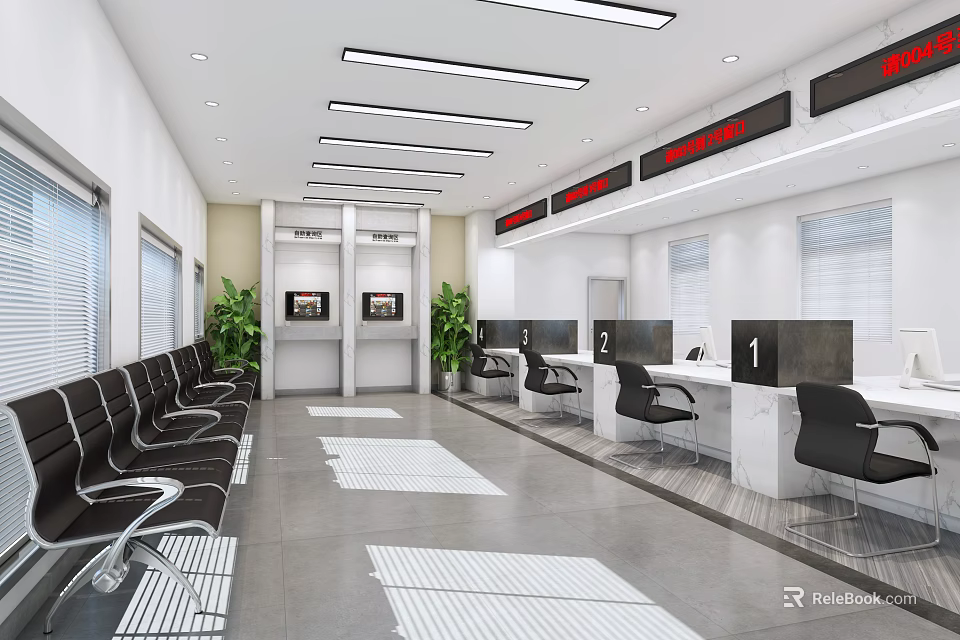 Modern Bank Interior Featuring Waiting Seats Teller Counters Digital Screens Green Plants And Bright Lighting 3d model 