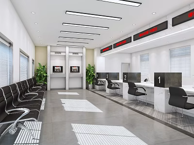 Modern Bank Interior Featuring Waiting Seats Teller Counters Digital Screens Green Plants And Bright Lighting 3d model