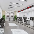 Modern Bank Interior Featuring Waiting Seats Teller Counters Digital Screens Green Plants And Bright Lighting