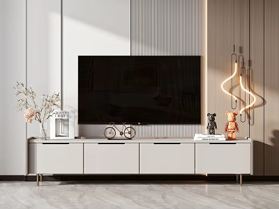 Modern TV Stand With Vertical Striped Wall Stylish Lighting And Decorative Accessories In Living Room 3d model