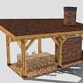 Rustic Wooden Gazebo With Brick Chimney Wooden Beams And Outdoor Dining Table And Chairs