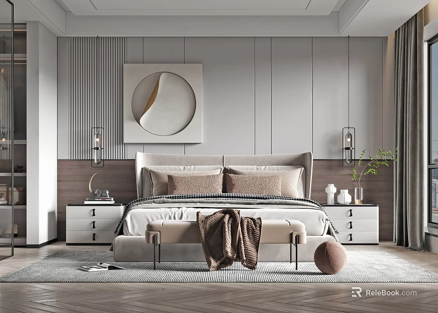 Modern Luxury Bedroom Interior With Tufted Headboard And Decorative Round Mirror 3d model 