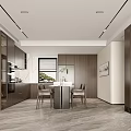 Modern Dining and Living Room Interior With Marble Wall Wooden Accents And Potted Plant