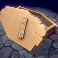 Wooden Box With White Wrapped Object And Wooden Stick On Stone Pavement