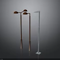 Brown And White Street Lamps With Double And Single Light Heads And Metal Bases