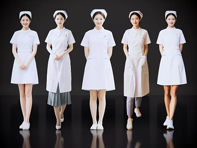 Women Nurses In Different White Uniform Styles With Caps Standing Against Black Background 3d model