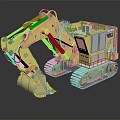 Large Yellow Tracked Excavator with Long Mechanical Arm and Bucket on Dark Background with Reflection