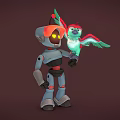Blue Gray Robot With Yellow Eyes And Colorful Parrot Standing On Hand