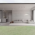 Modern Living Room With White Sofa Set Black Chair Floor Lamp And White Curtains