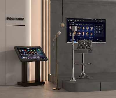 Modern Home Entertainment Electronics Setup With Touchscreen Console Microphones And Display Monitor 3d model