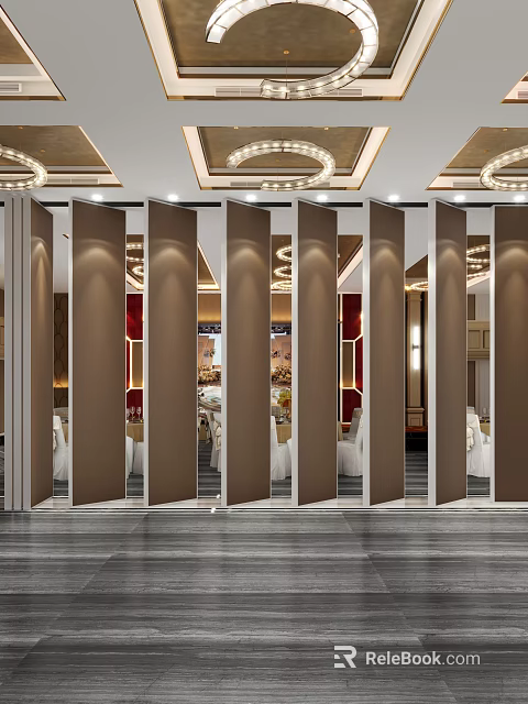 Elegant Banquet Hall Interior Design With Foldable Partitions Chandeliers And Dining Tables 3d model 