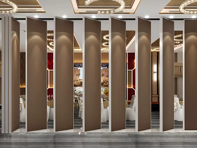 Elegant Banquet Hall Interior Design With Foldable Partitions Chandeliers And Dining Tables 3d model