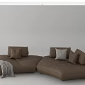 Brown Leather Sectional Sofa with Multiple Cushions and Gray Blanket in Modern Design 3d model