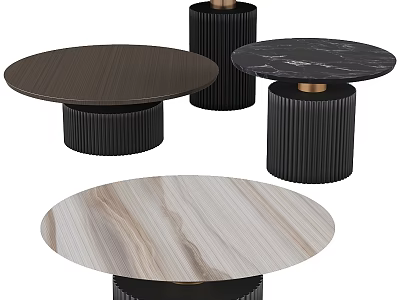 Modern Coffee Tables With Round Tops Cylindrical Black Striped Legs And Wood Marble Texture 3d model