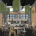 Stylish Modern Tea Room Interior With Green Pendant Lights Wooden Walls And Cozy Tables Chairs