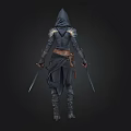 Hooded Female Warrior In Leather Armor With Dual Swords And Dark Background