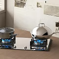 Kitchen Gas Stove With Two Pots And Blue Flames Near Window And Wall Art