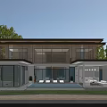 Modern Two Story Detached Villa With Large Glass Walls Front Swimming Pool And Surrounding Greenery