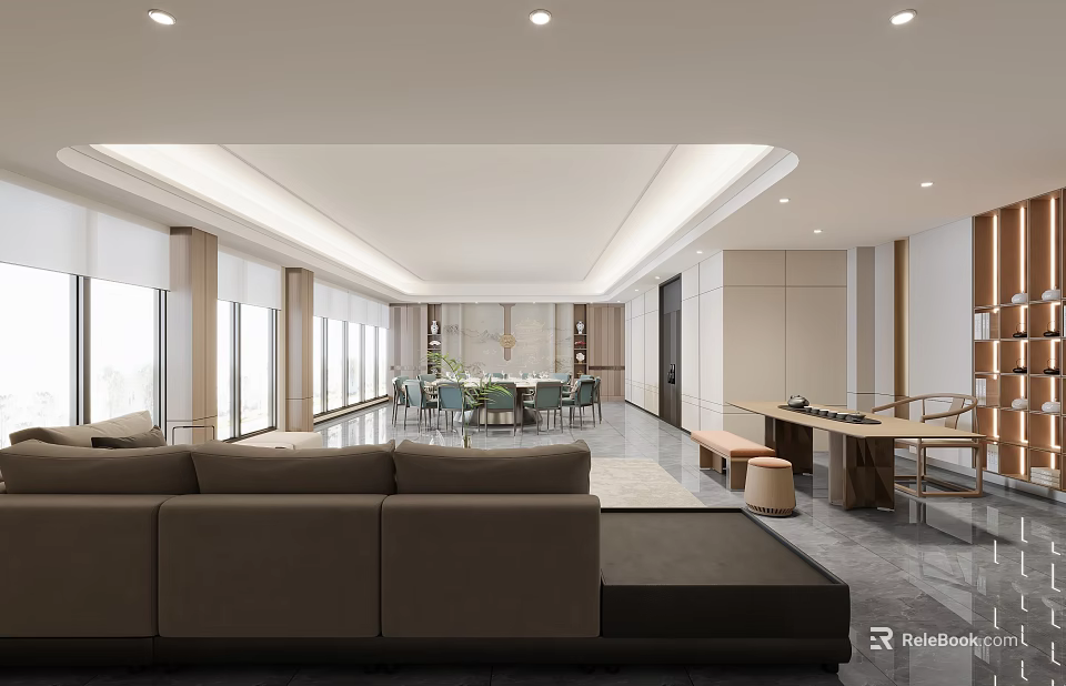 Modern Leisure Area Interior With Gray Sofa Dining Table And Natural Light 3d model 