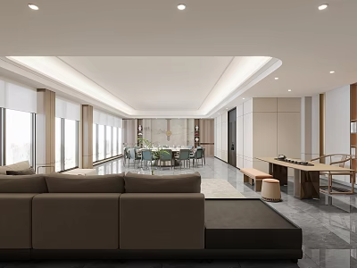 Modern Leisure Area Interior With Gray Sofa Dining Table And Natural Light 3d model