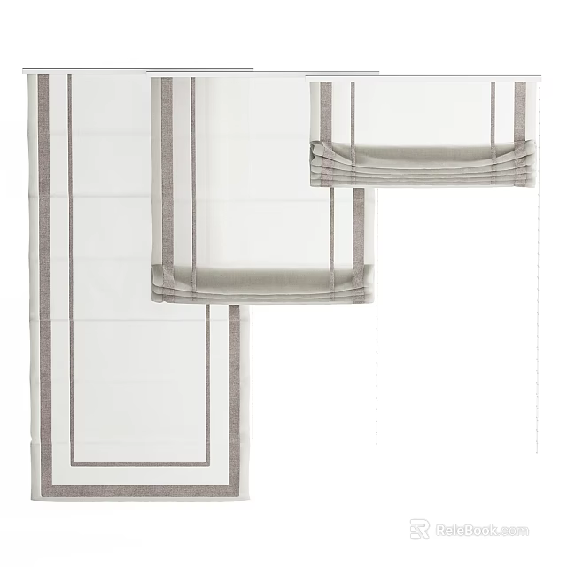 Modern Window Curtains With White Fabric Grey Borders And Simple Design 3d model 