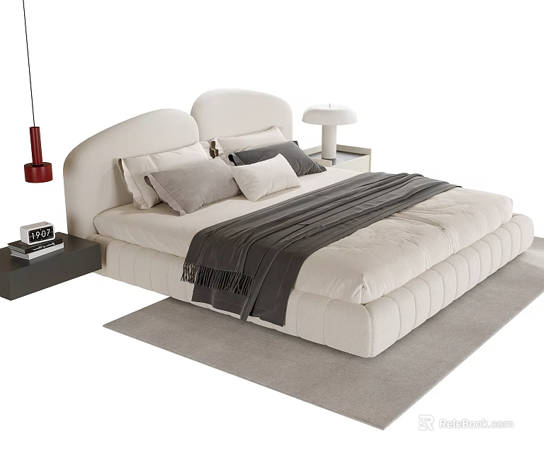 Modern Single Bed With Upholstered Headboard Gray Pillows And Throw Blanket 3d model