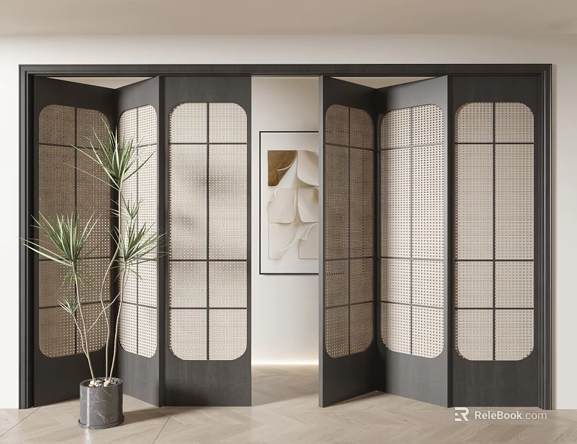 Black Frame Folding Doors with Grid Design in Minimalist Interior Space and Potted Plant 3d model 