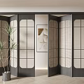 Black Frame Folding Doors with Grid Design in Minimalist Interior Space and Potted Plant