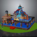 Colorful Children's Play Structure With Red Slide Climbing Area And Green Surface