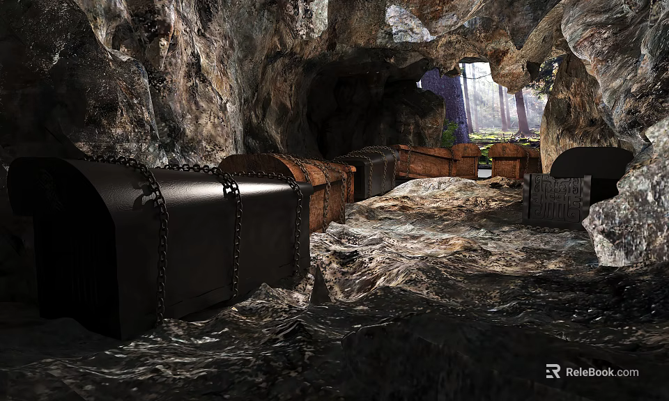 Cave With Treasure Chests Chains And Rocky Ground Illuminated By Light 3d model