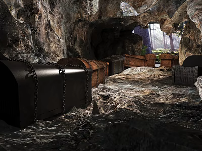 Cave With Treasure Chests Chains And Rocky Ground Illuminated By Light 3d model