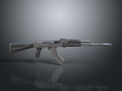 Metallic Assault Rifle With Wooden Stock And Gray Reflective Background 3d model
