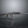 Metallic Assault Rifle With Wooden Stock And Gray Reflective Background