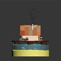 Cartoon Cottage Scene With Chimney Smoke Barrels On Round Platform Yellow Base Blue Accents