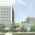Modern Office Building Complex With Glass Curtain Wall Greenery And Street Vehicles