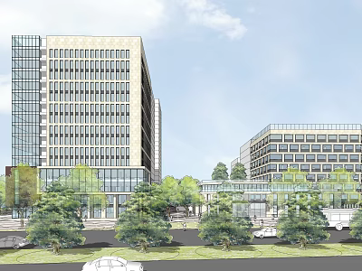 Modern Office Building Complex With Glass Curtain Wall Greenery And Street Vehicles 3d model