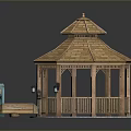 Wooden Gazebo With Hexagonal Roof Railing And Surrounding Decorative Bridge On Gravel Ground