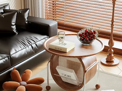 Wooden Side Table With Metal Legs Glass Book And Red Fruit Bowl In Living Room With Leather Sofa 3d model