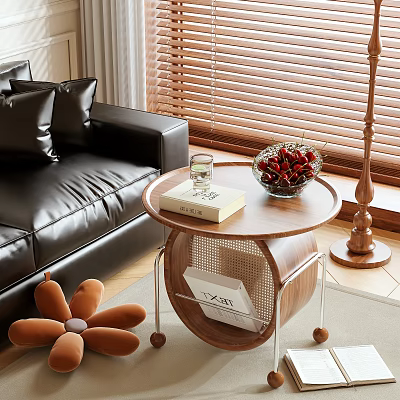Wooden Side Table With Metal Legs Glass Book And Red Fruit Bowl In Living Room With Leather Sofa 3d model